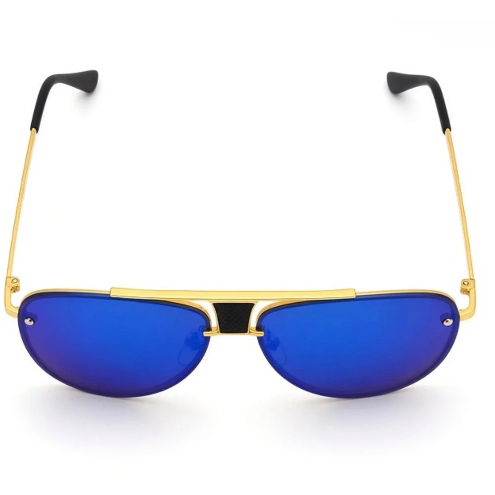 Mens Gold Blue Mirrored Sunglasses Streetwear Luxury Cyberpunk Modern Reflective